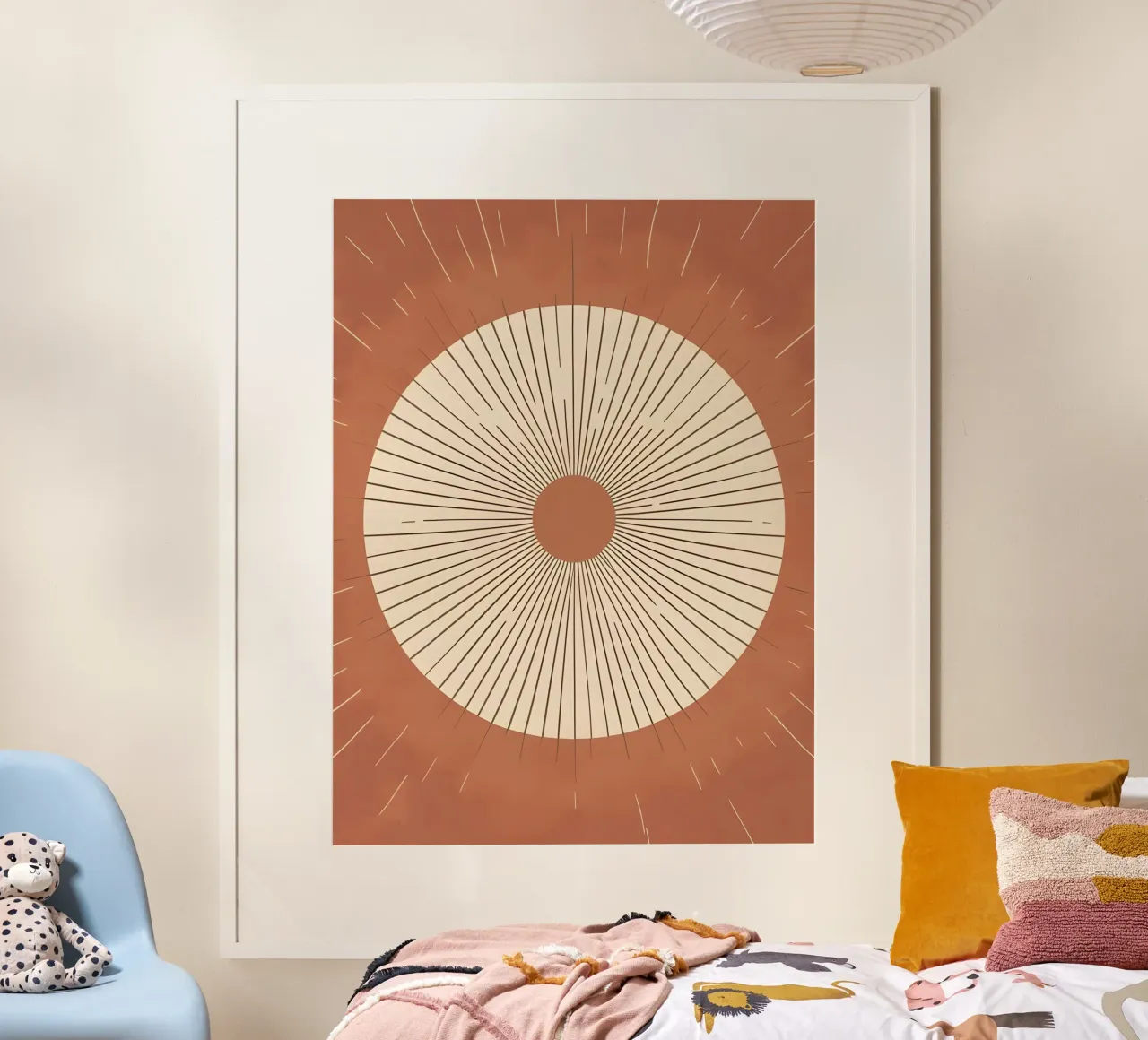 Sole astratto con linee geometriche radianti poster con telaio in alluminio da The Green Room