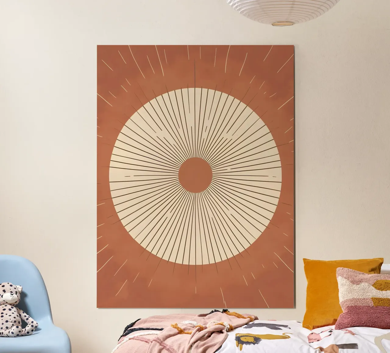 Sole astratto con linee geometriche radianti poster con telaio in alluminio da The Green Room