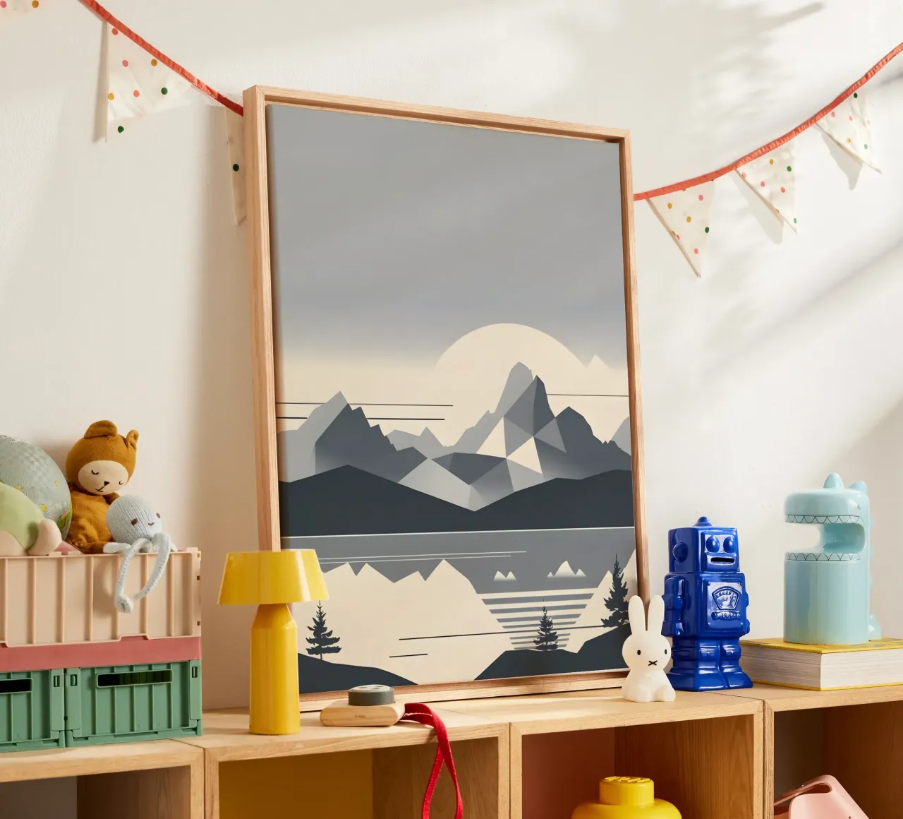 Abstract geometrisch berglandschap silhouet canvas met Baklijst van The Green Room