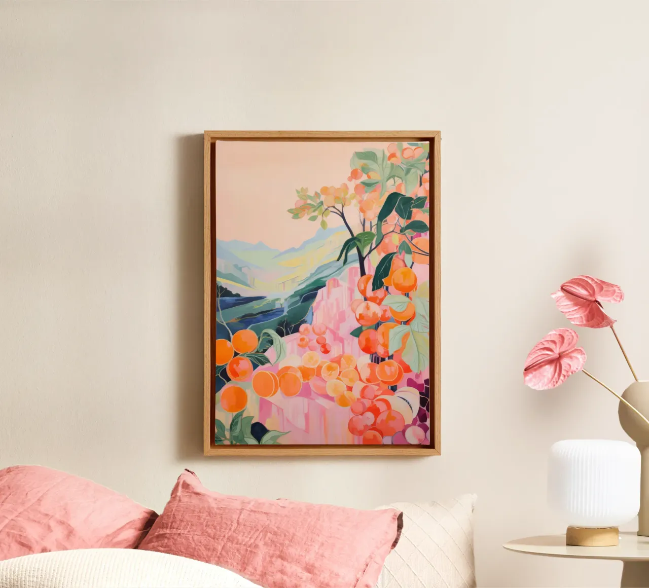 Abstract Floral Botanical Art, Colourful Orange Peach Print canvas with Floater frame by Boheme