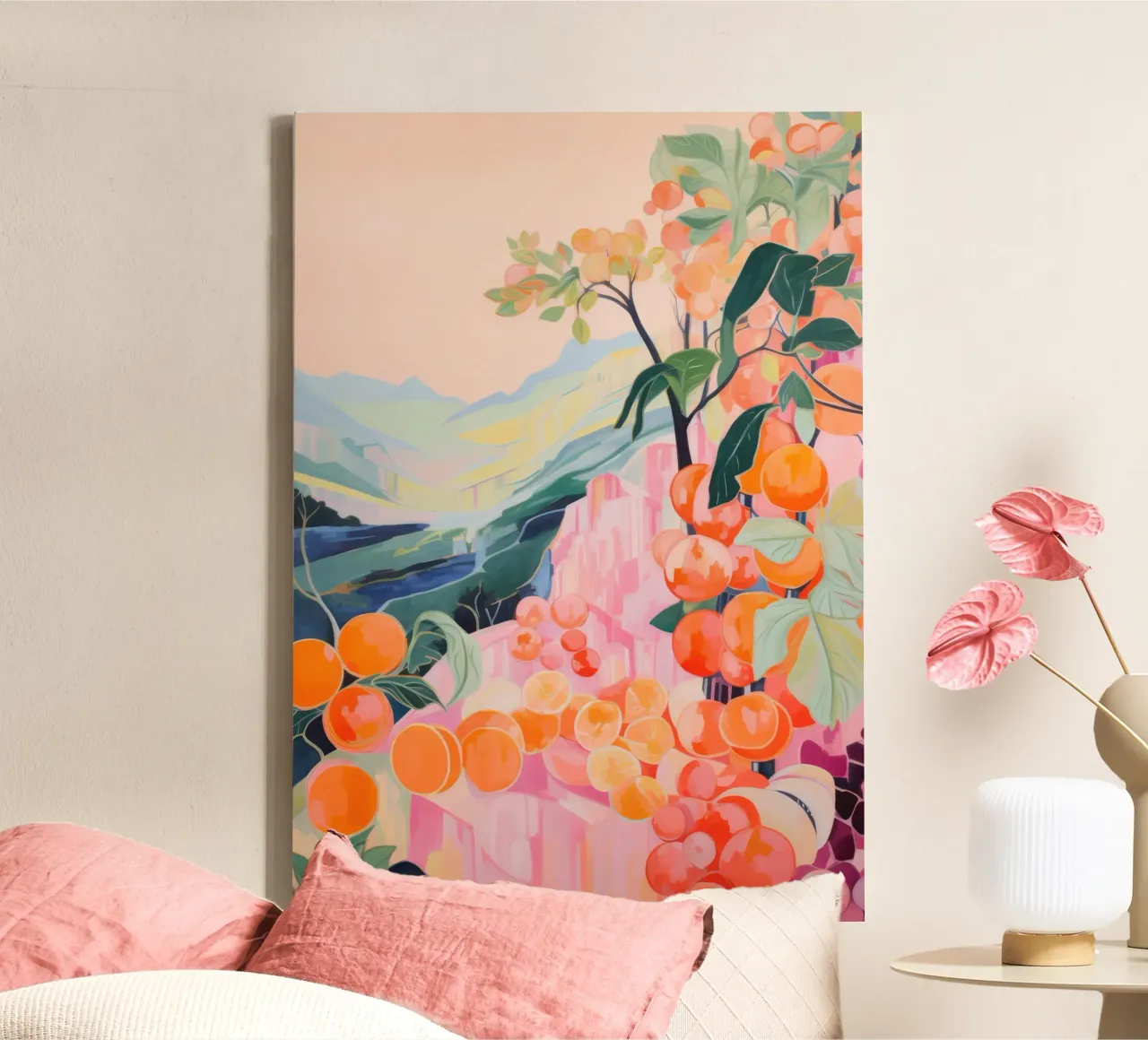 Abstract Floral Botanical Art, Colourful Orange Peach Print canvas with Floater frame by Boheme