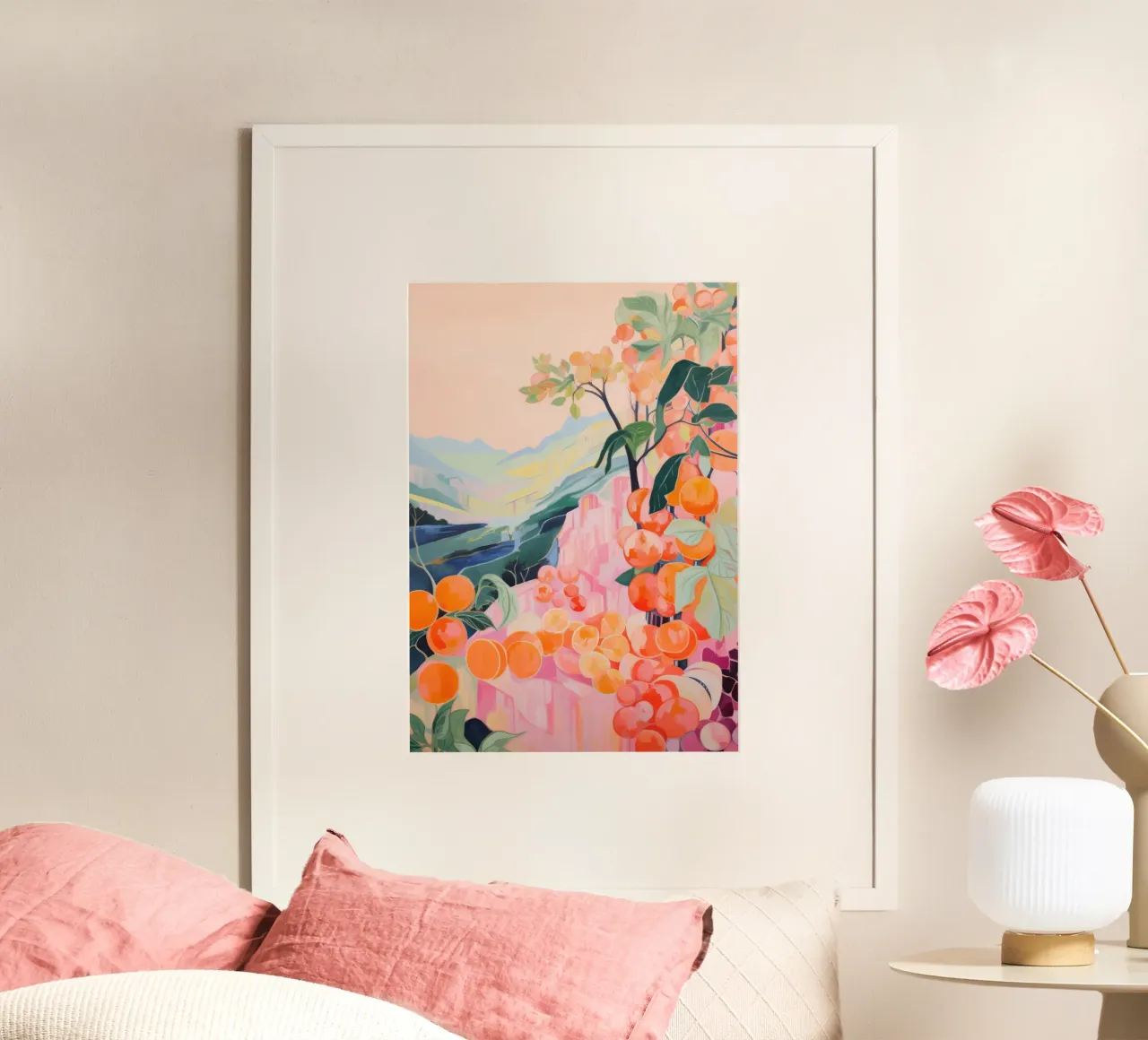 Arte botanica floreale astratta, stampa colorata arancione e pesca poster da Boheme