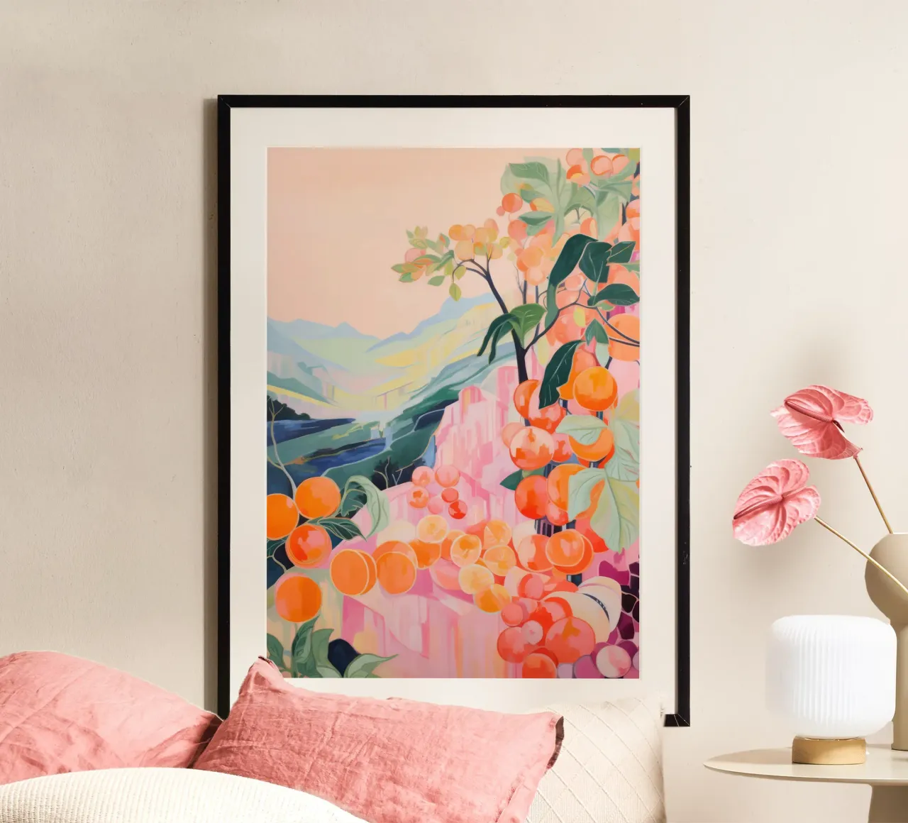 Arte botanica floreale astratta, stampa colorata arancione e pesca poster da Boheme