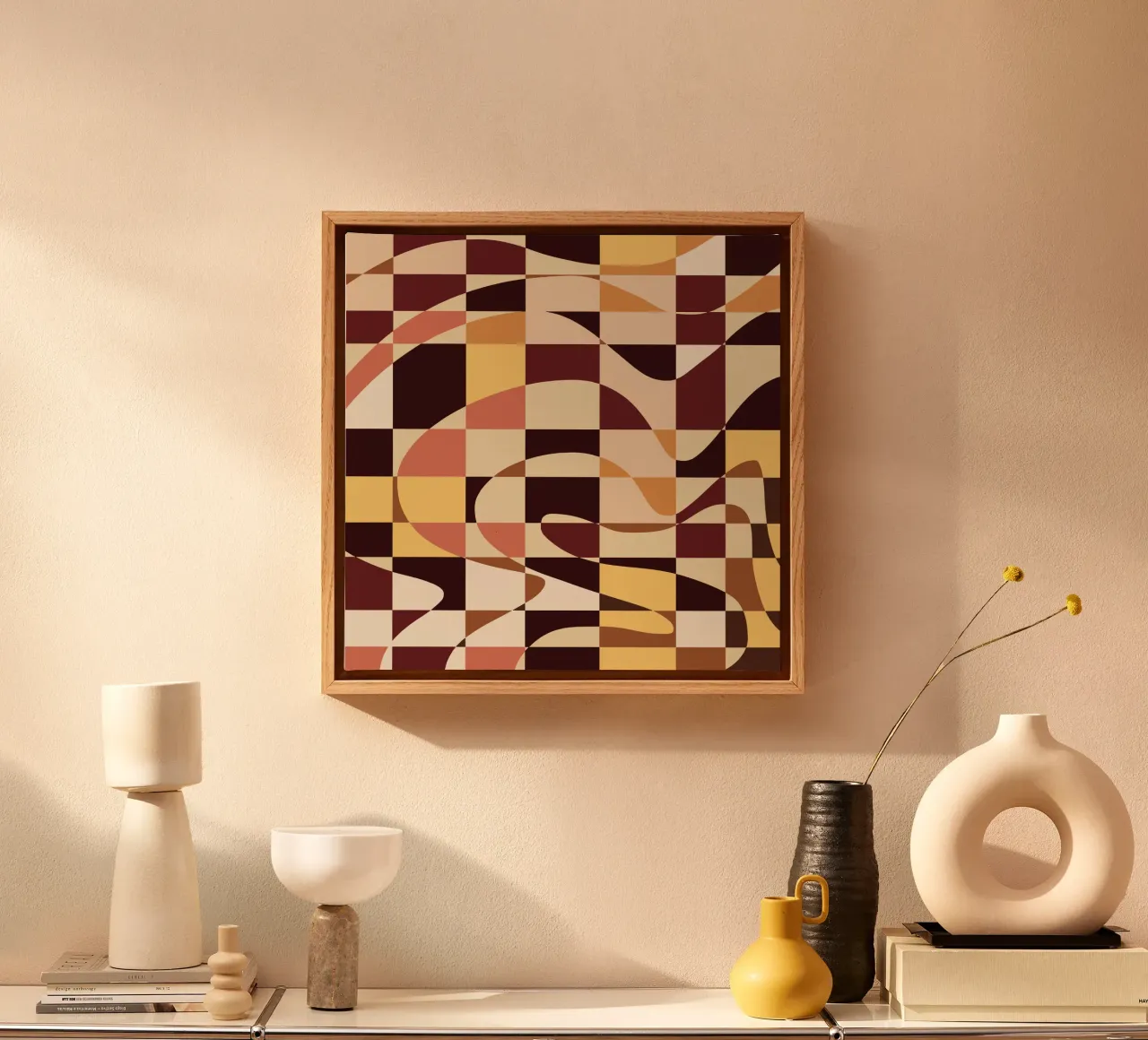 Earth tone checker var 2 canvas with Floater frame by Little Dean