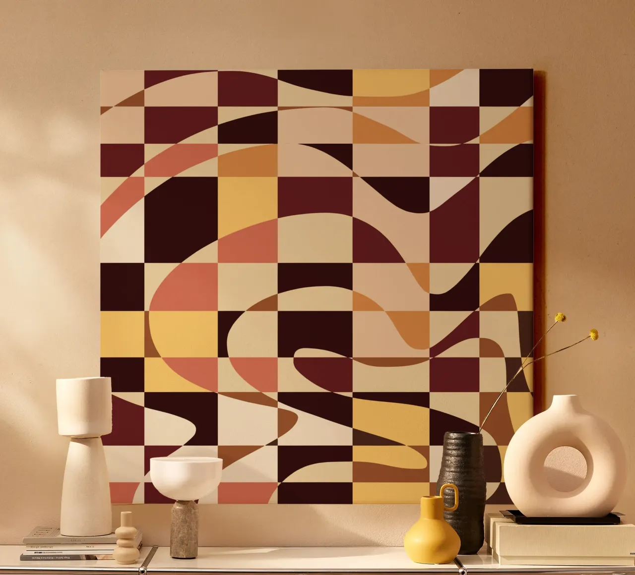 Earth tone checker var 2 canvas with Floater frame by Little Dean