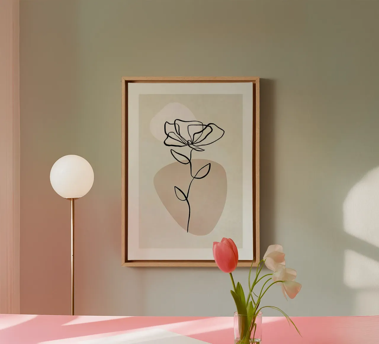 curve line rose canvas met Baklijst van throme