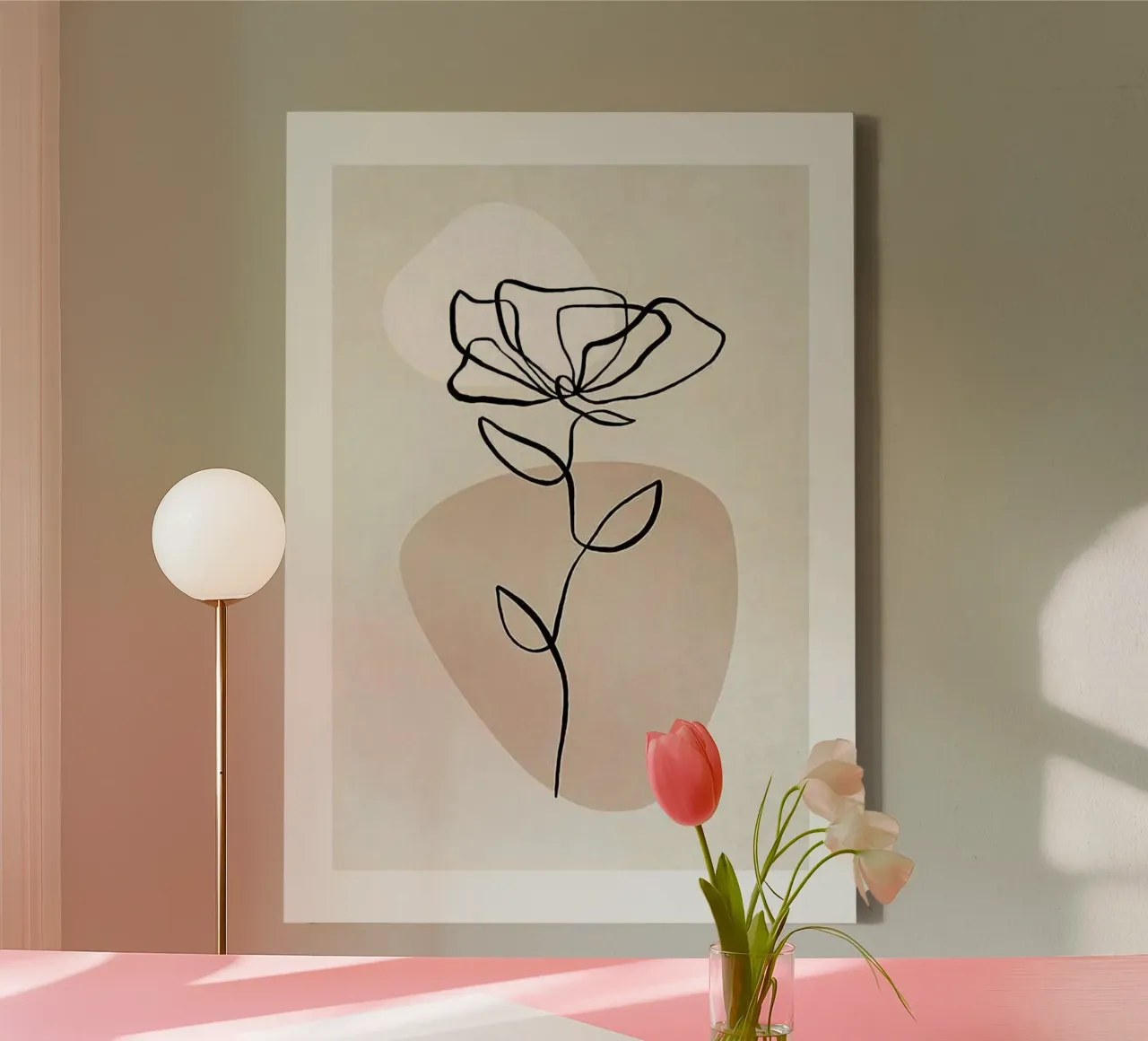 curve line rose canvas met Baklijst van throme