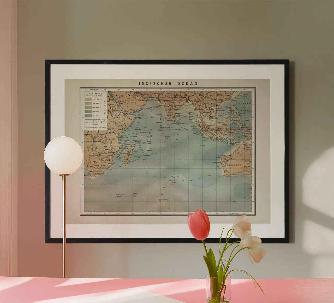 Vintage Brockhaus 7 Indischer Ozean poster con telaio in alluminio da Vintage Print Collection
