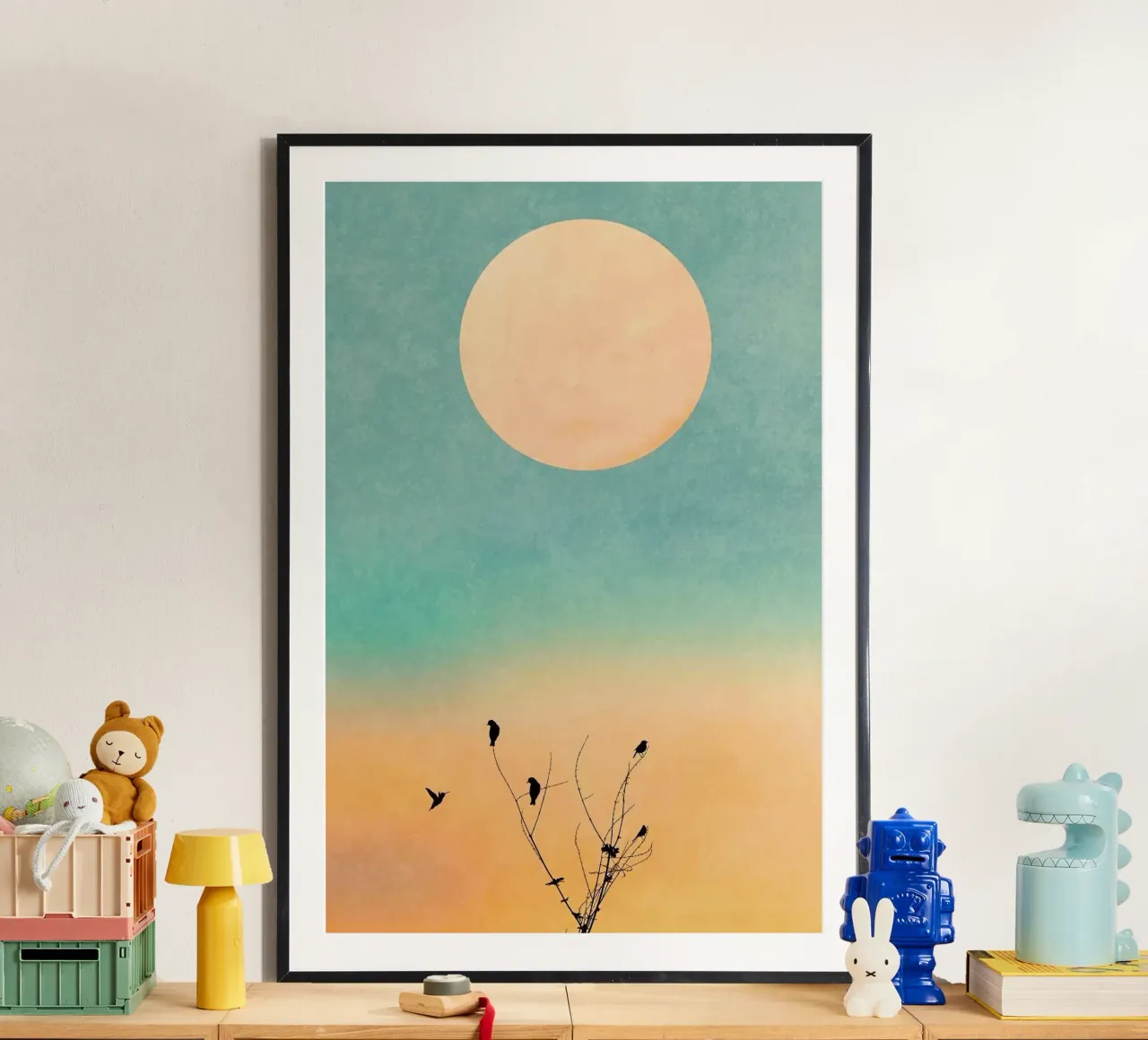 gradient sunset bird poster con telaio in alluminio da chaodays
