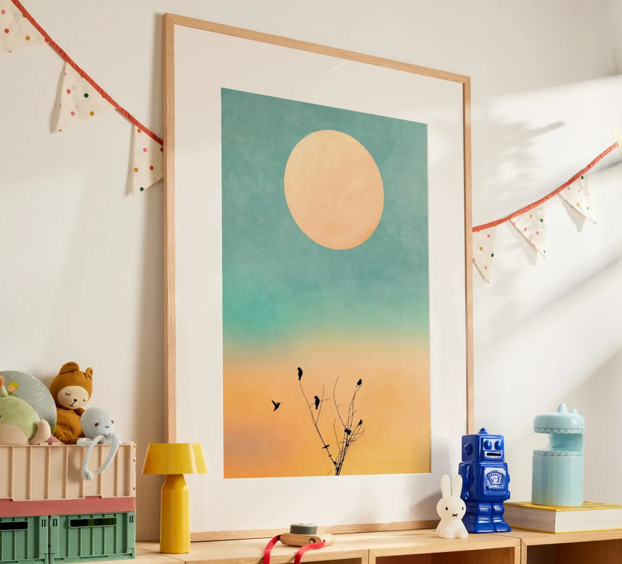 gradient sunset bird poster con telaio in alluminio da chaodays