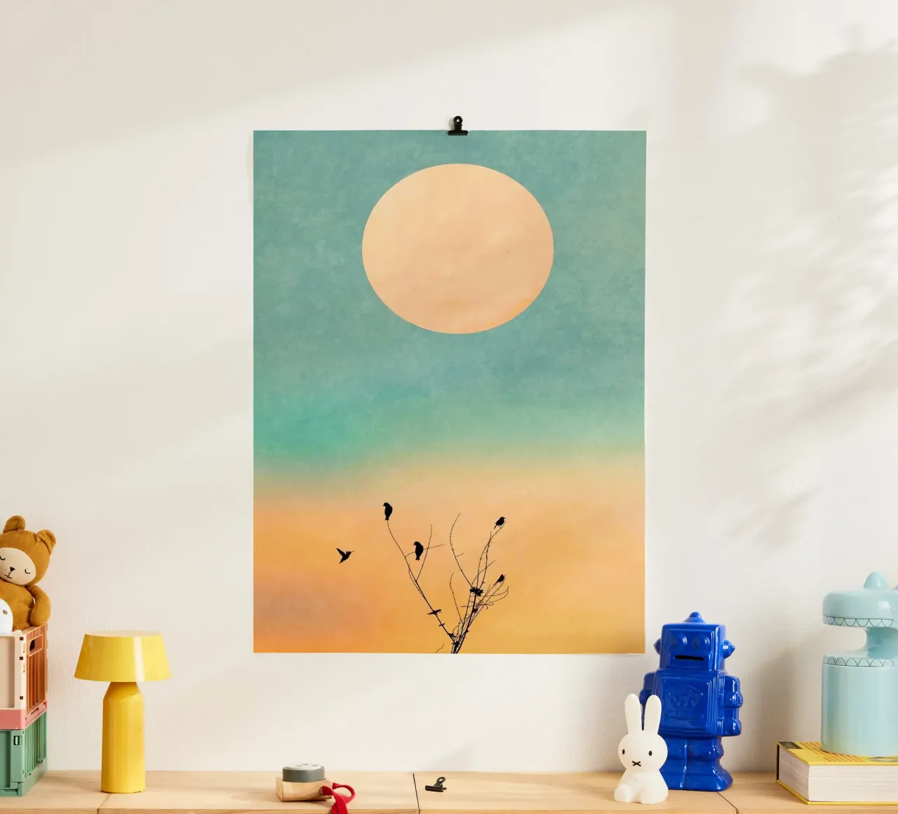gradient sunset bird poster con telaio in alluminio da chaodays