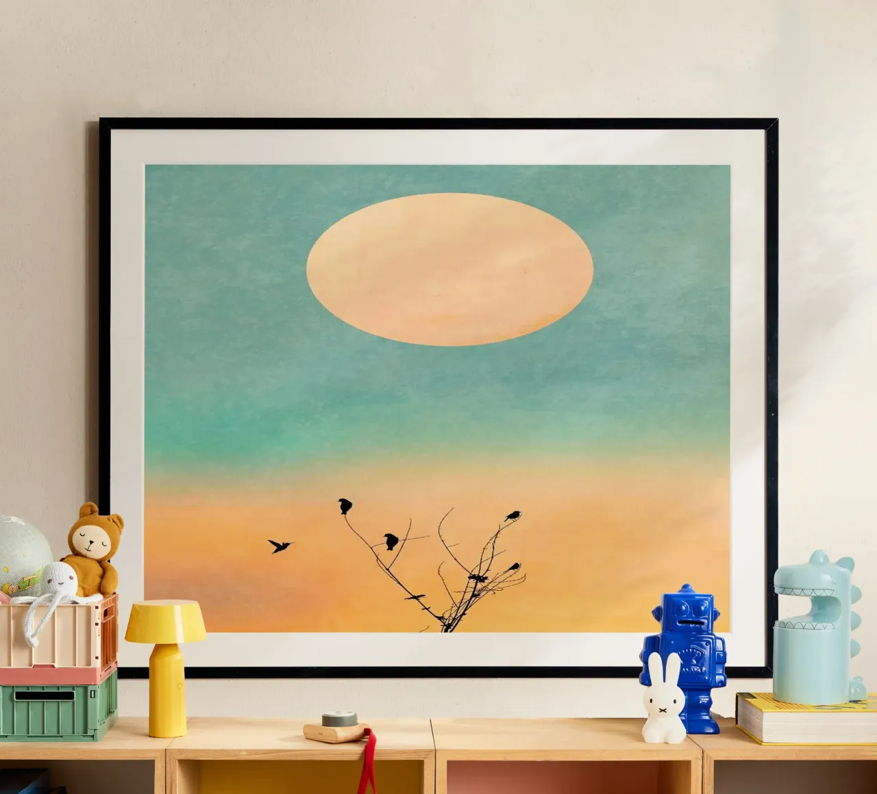 gradient sunset bird poster con telaio in alluminio da chaodays