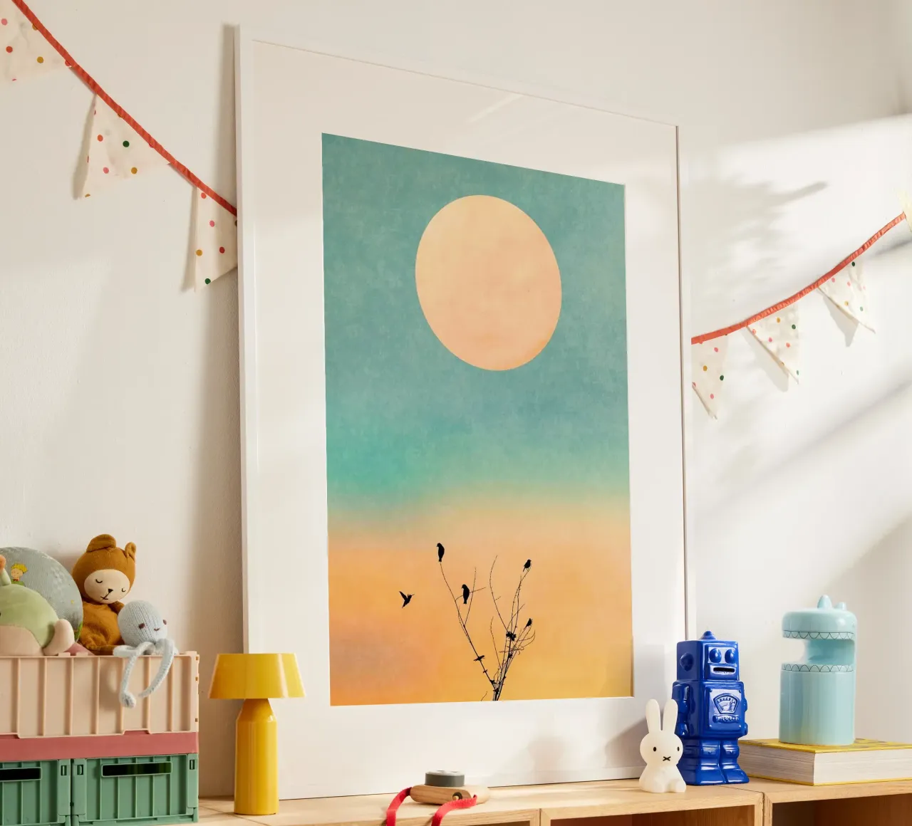 gradient sunset bird poster con telaio in alluminio da chaodays