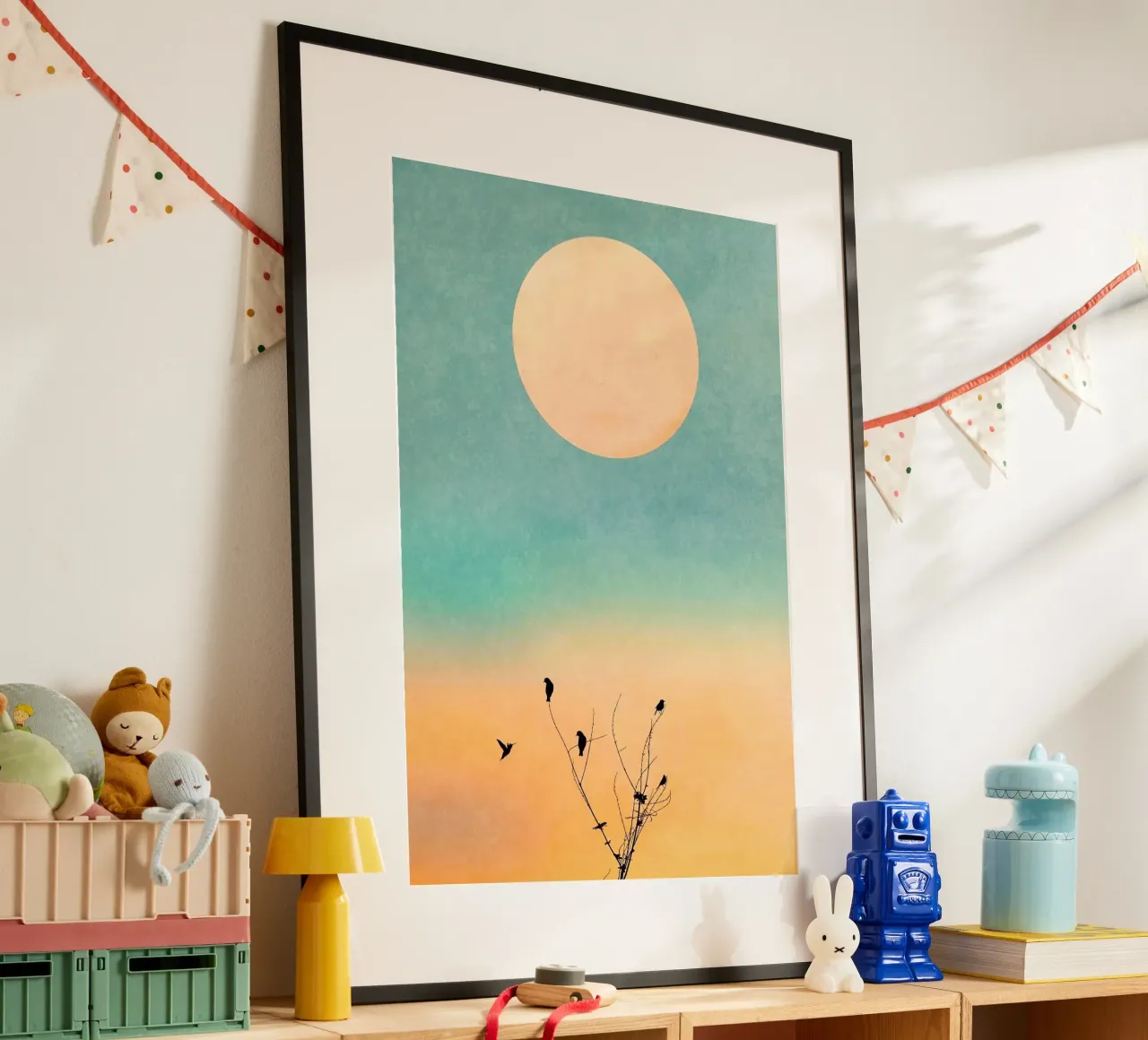 gradient sunset bird poster con telaio in alluminio da chaodays