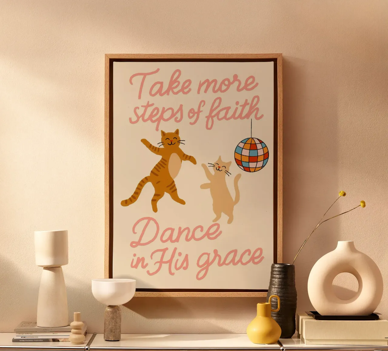 Dansende katten Christelijke kunst, geloof en genade canvas met Baklijst van vintagepod