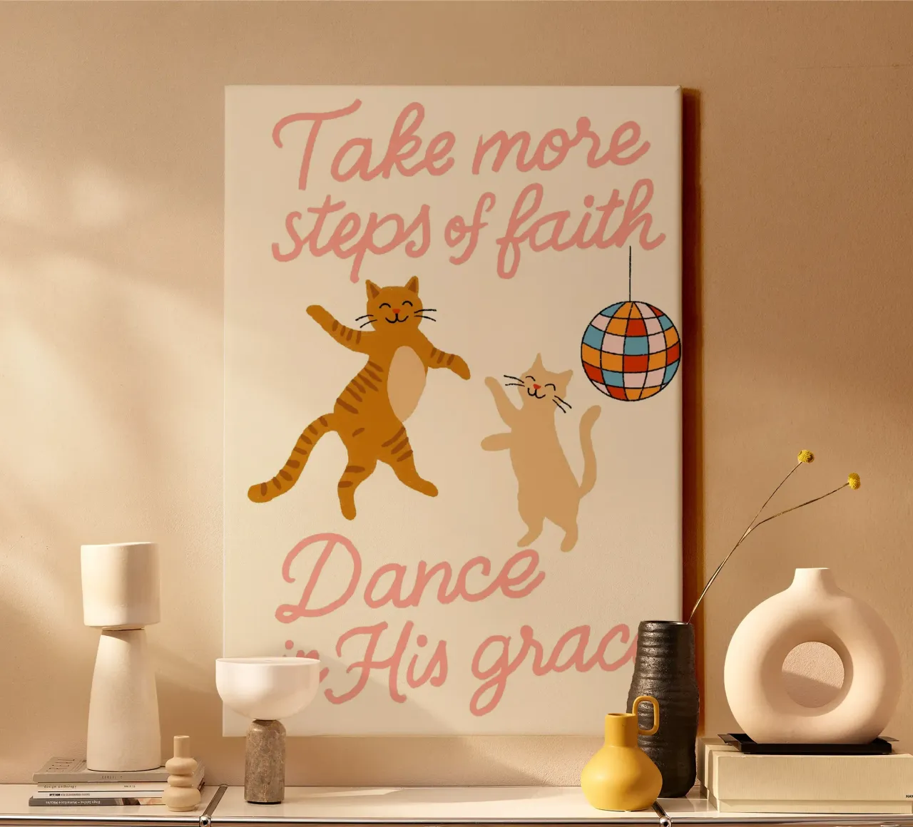 Dansende katten Christelijke kunst, geloof en genade canvas met Baklijst van vintagepod
