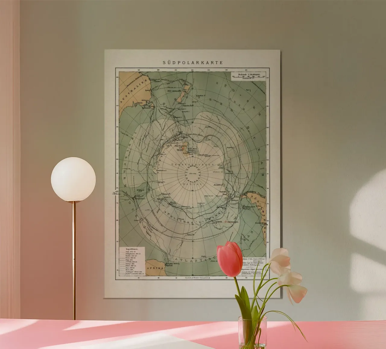 Vintage Brockhaus 7 Südpolkarte poster con telaio in legno da Vintage Print Collection