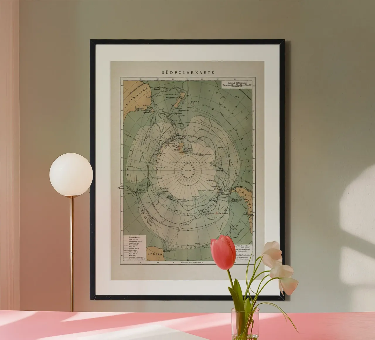 Vintage Brockhaus 7 Südpolkarte poster con telaio in legno da Vintage Print Collection