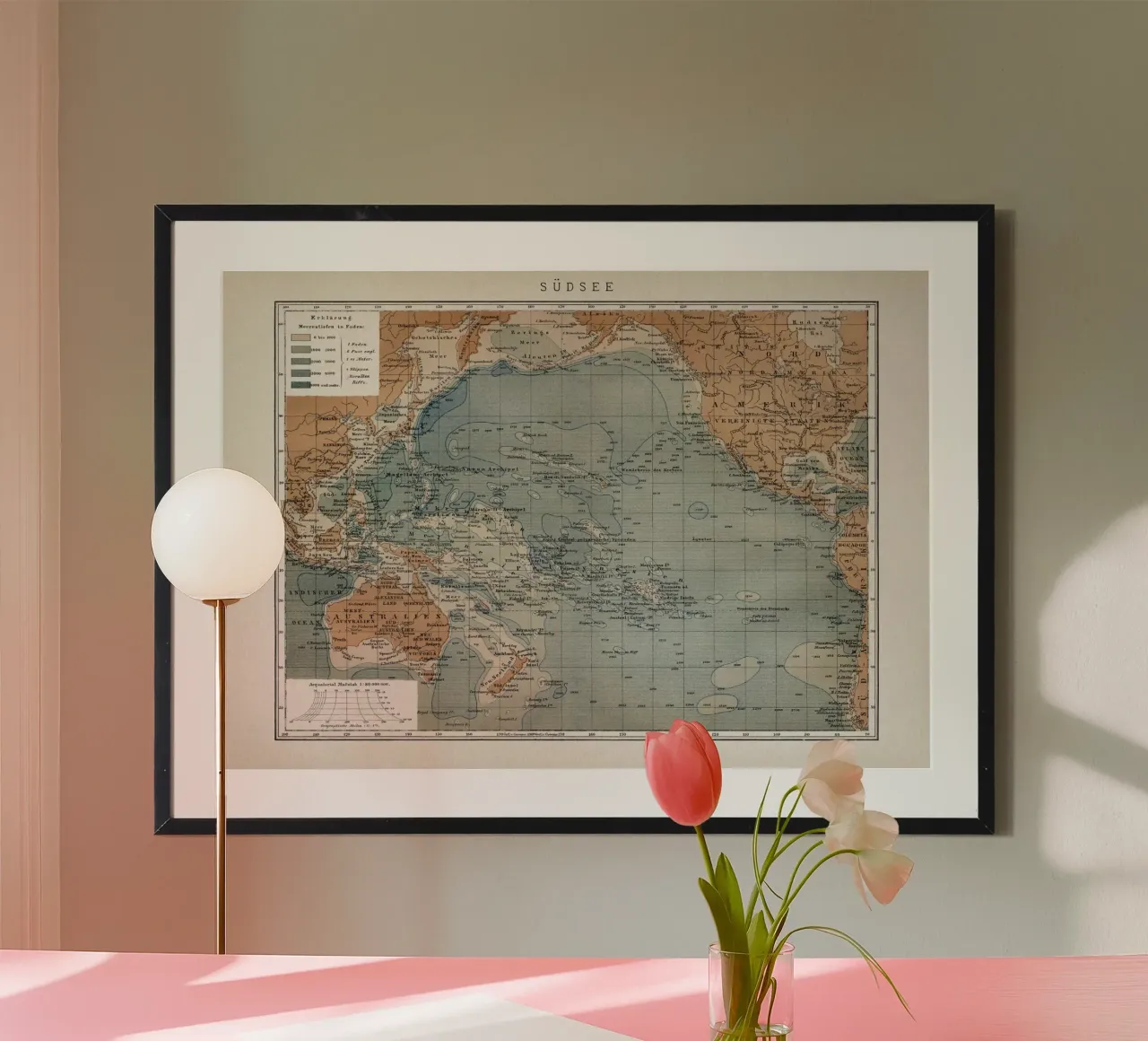 Vintage Brockhaus 7 Südsee poster con telaio in plastica da Vintage Print Collection