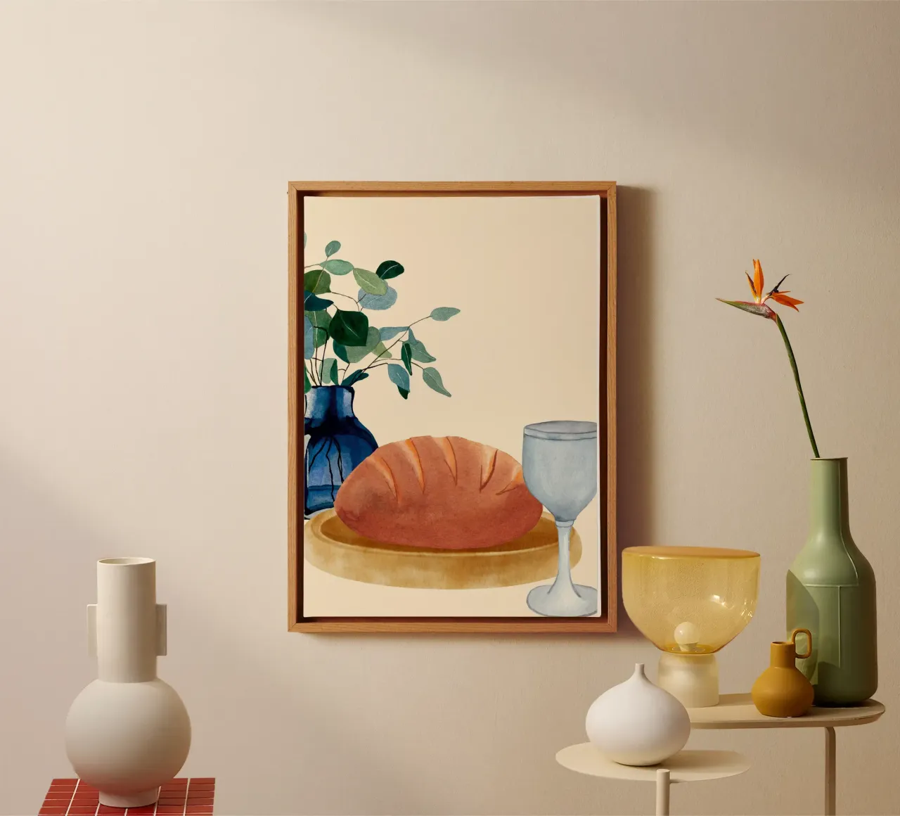 Eucharistie Brood en Wijn Christelijke Kunstdruk canvas met Baklijst van vintagepod