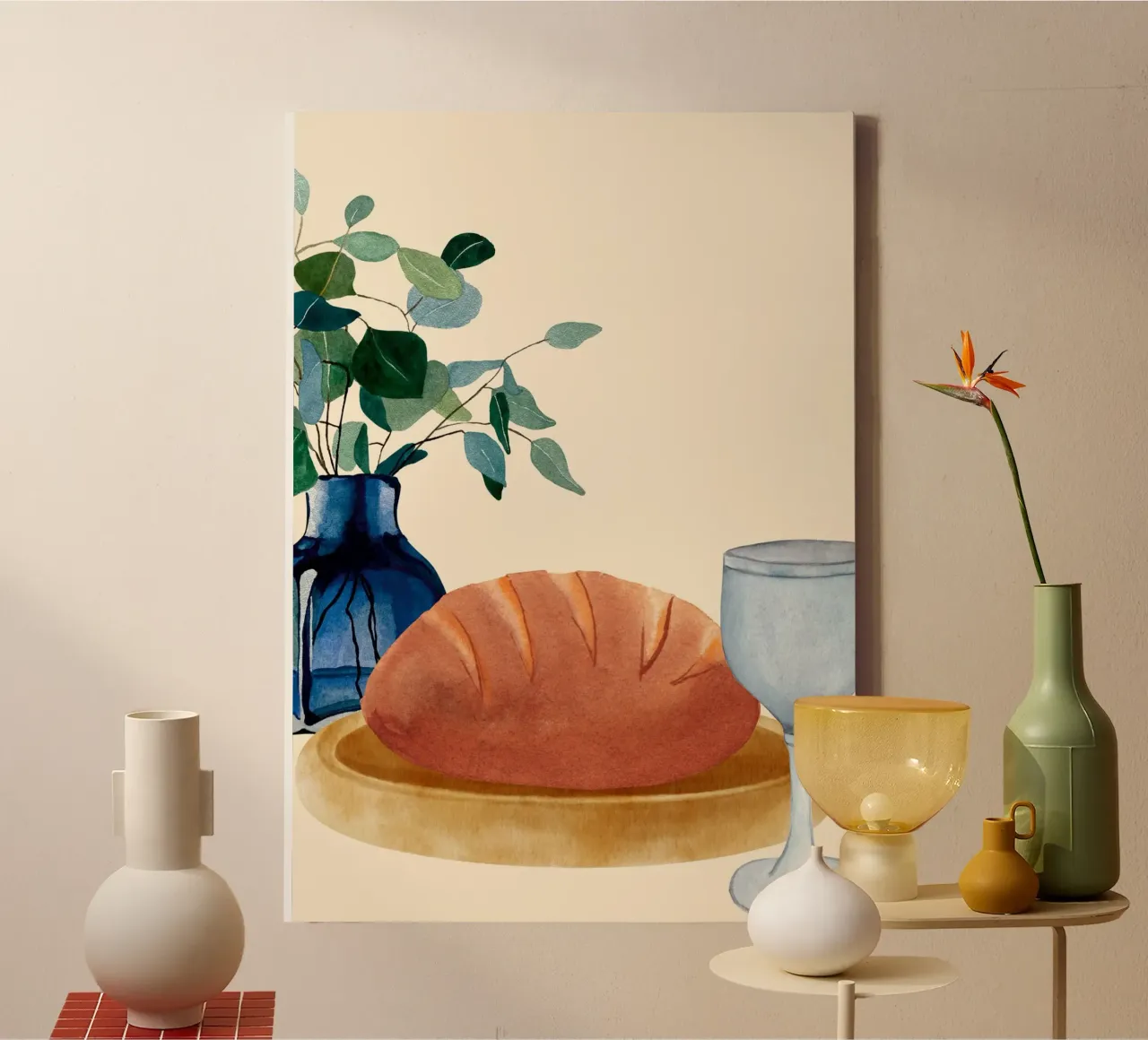 Eucharistie Brood en Wijn Christelijke Kunstdruk canvas met Baklijst van vintagepod