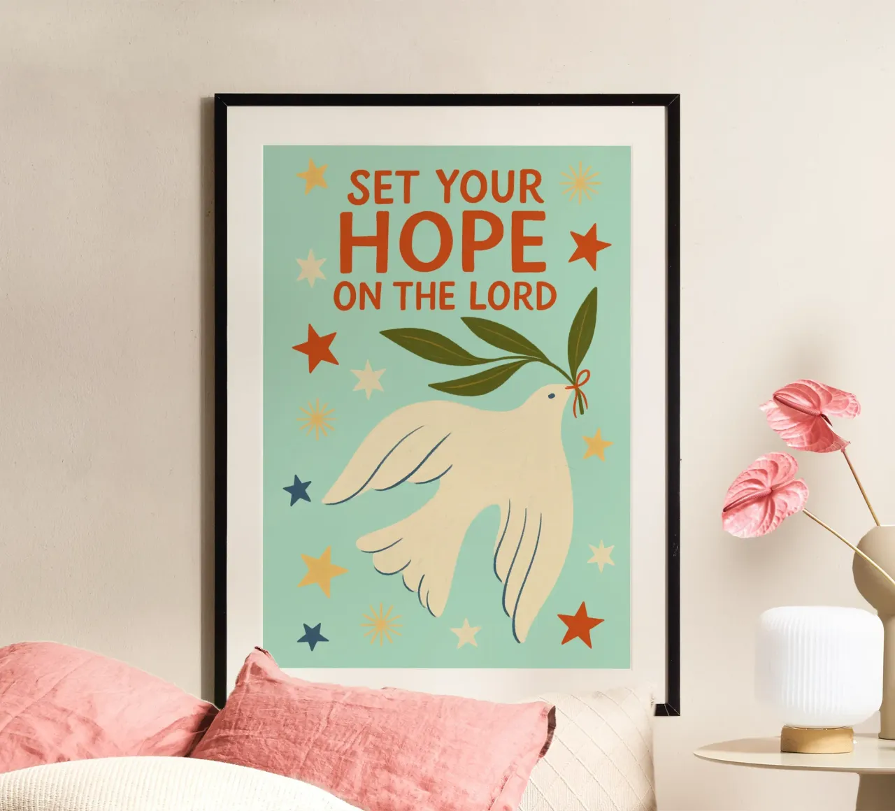 Riponi la tua speranza nel Signore - Dove Art poster con telaio in plastica da vintagepod