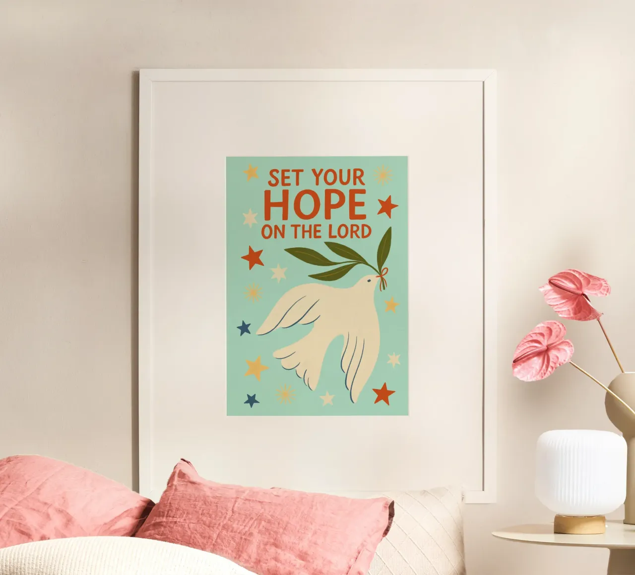Riponi la tua speranza nel Signore - Dove Art poster con telaio in plastica da vintagepod