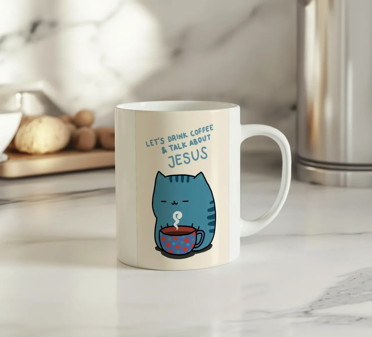Bere caffè, parlare di Gesù gatto tazza in ceramica da vintagepod