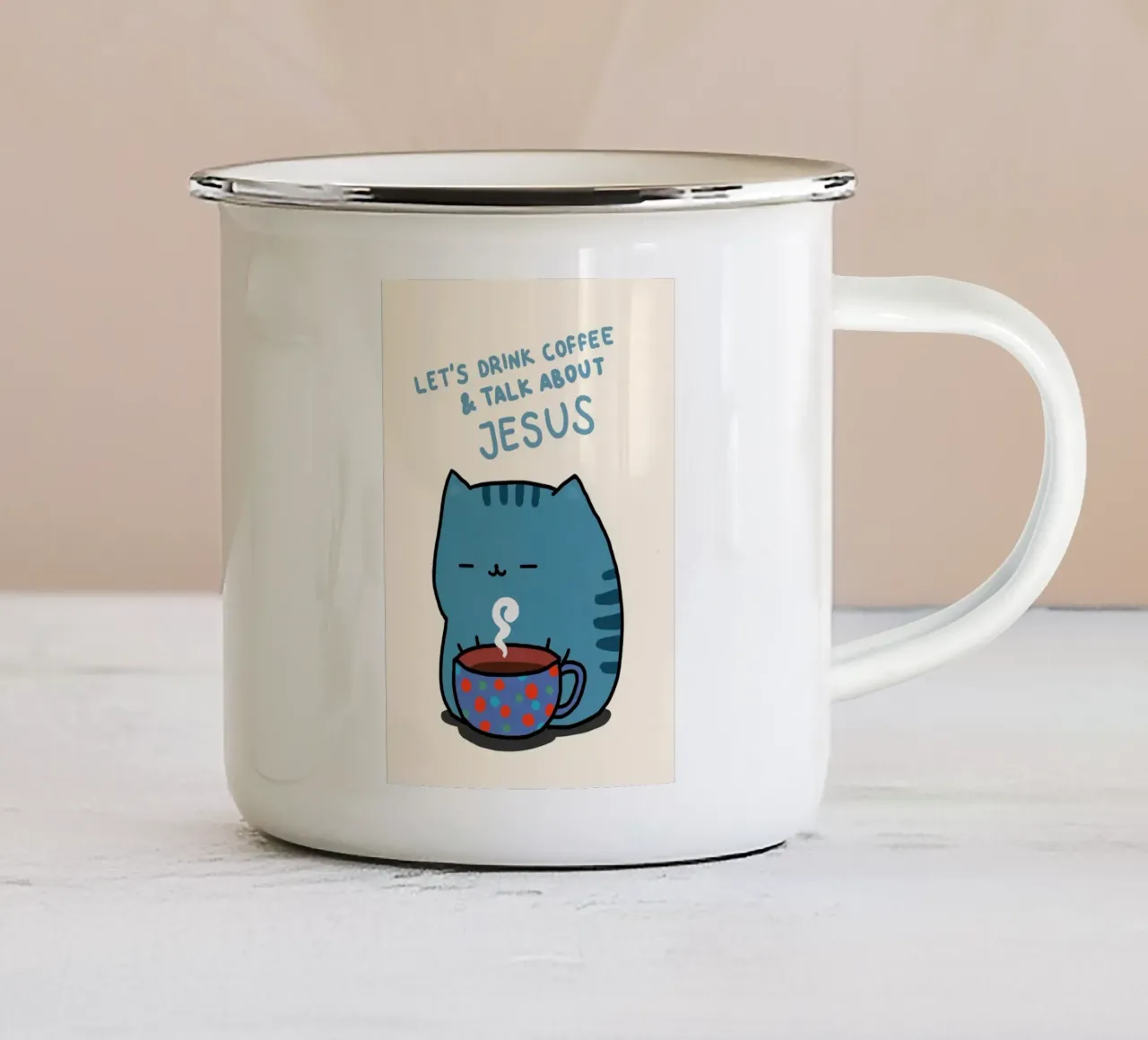 Bere caffè, parlare di Gesù gatto tazza in smalto da vintagepod