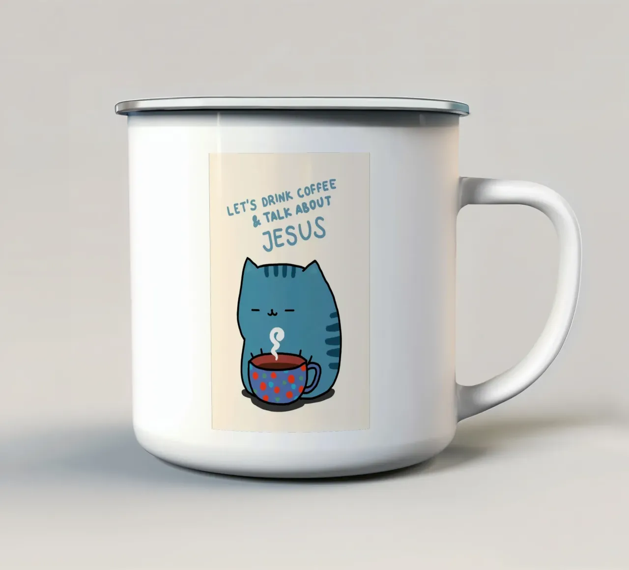 Bere caffè, parlare di Gesù gatto tazza in smalto da vintagepod