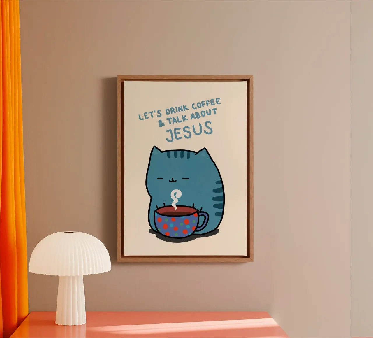 Bere caffè, parlare di Gesù gatto tela con Cornice a cassetta da vintagepod