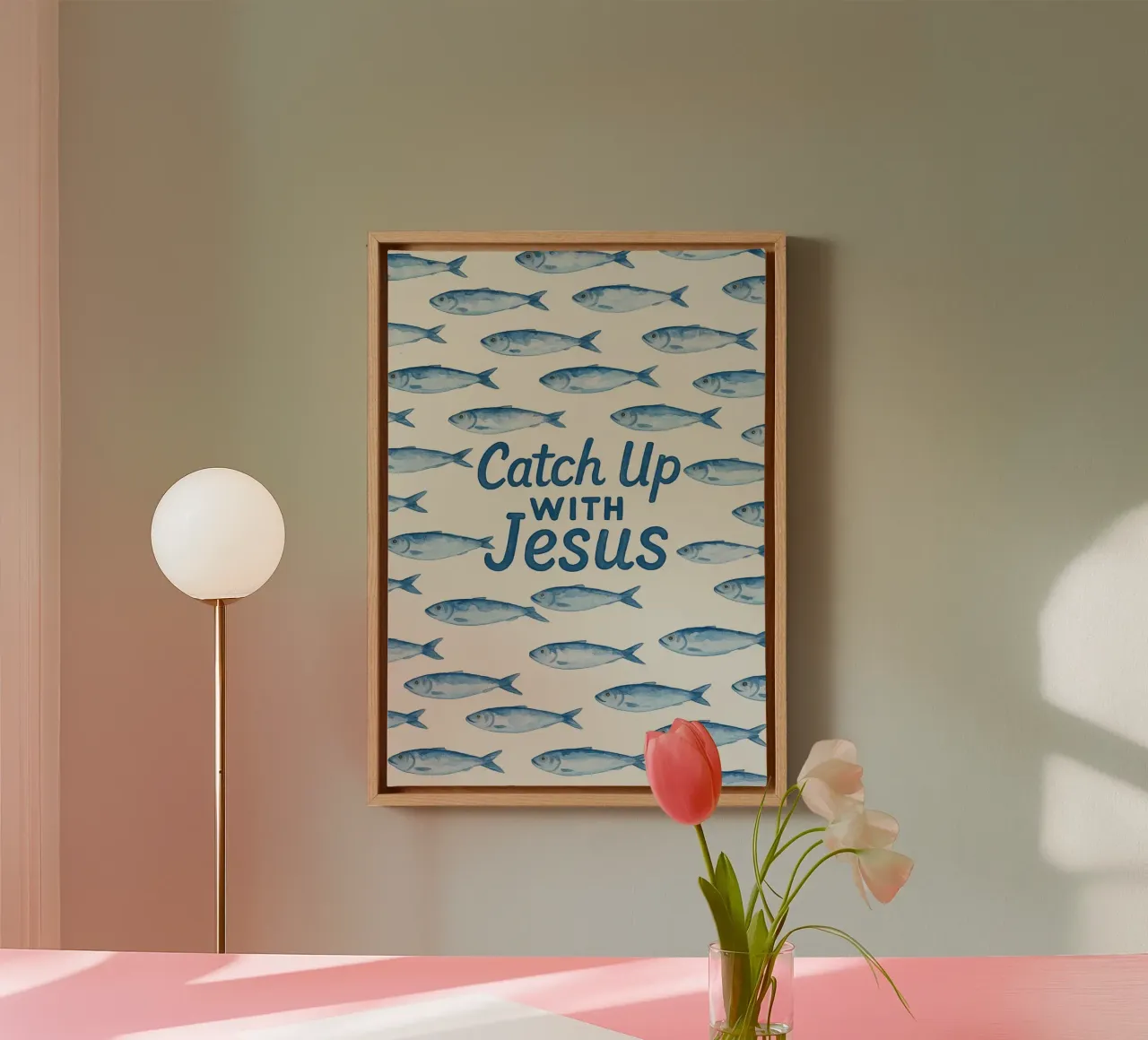 Catch Up with Jesus - Christliche Fischkunst Leinwand mit Schattenfugenrahmen von vintagepod