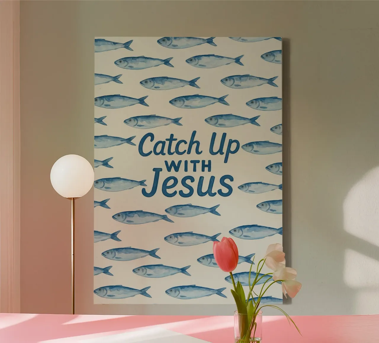 Catch Up with Jesus - Christliche Fischkunst Leinwand mit Schattenfugenrahmen von vintagepod