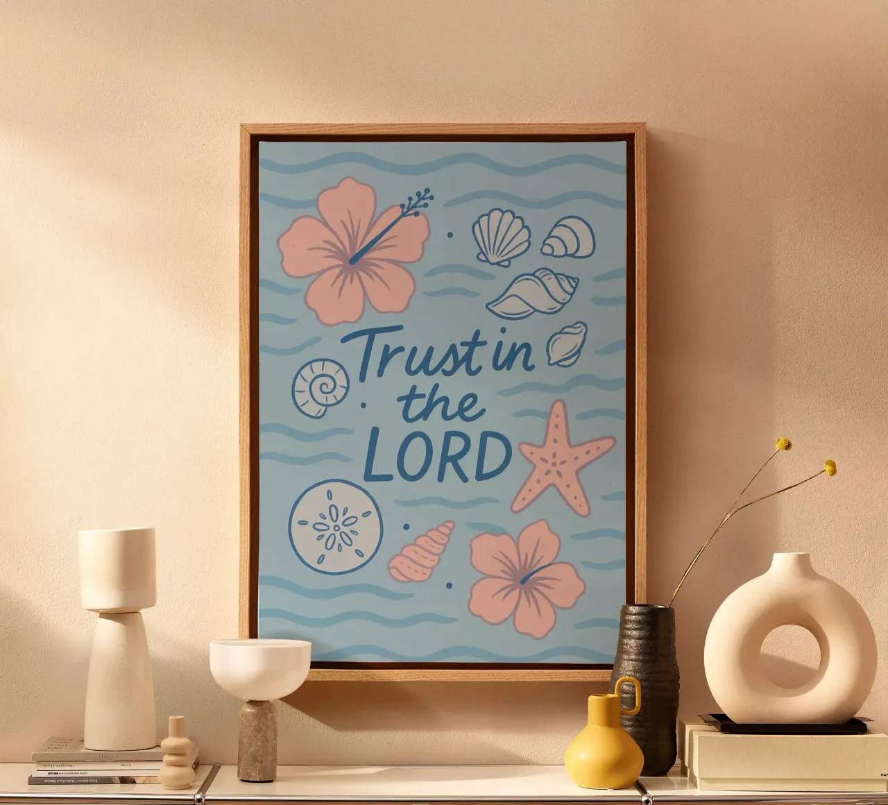 Vertrouw op de Heer, Beachy Art Print canvas met Baklijst van vintagepod