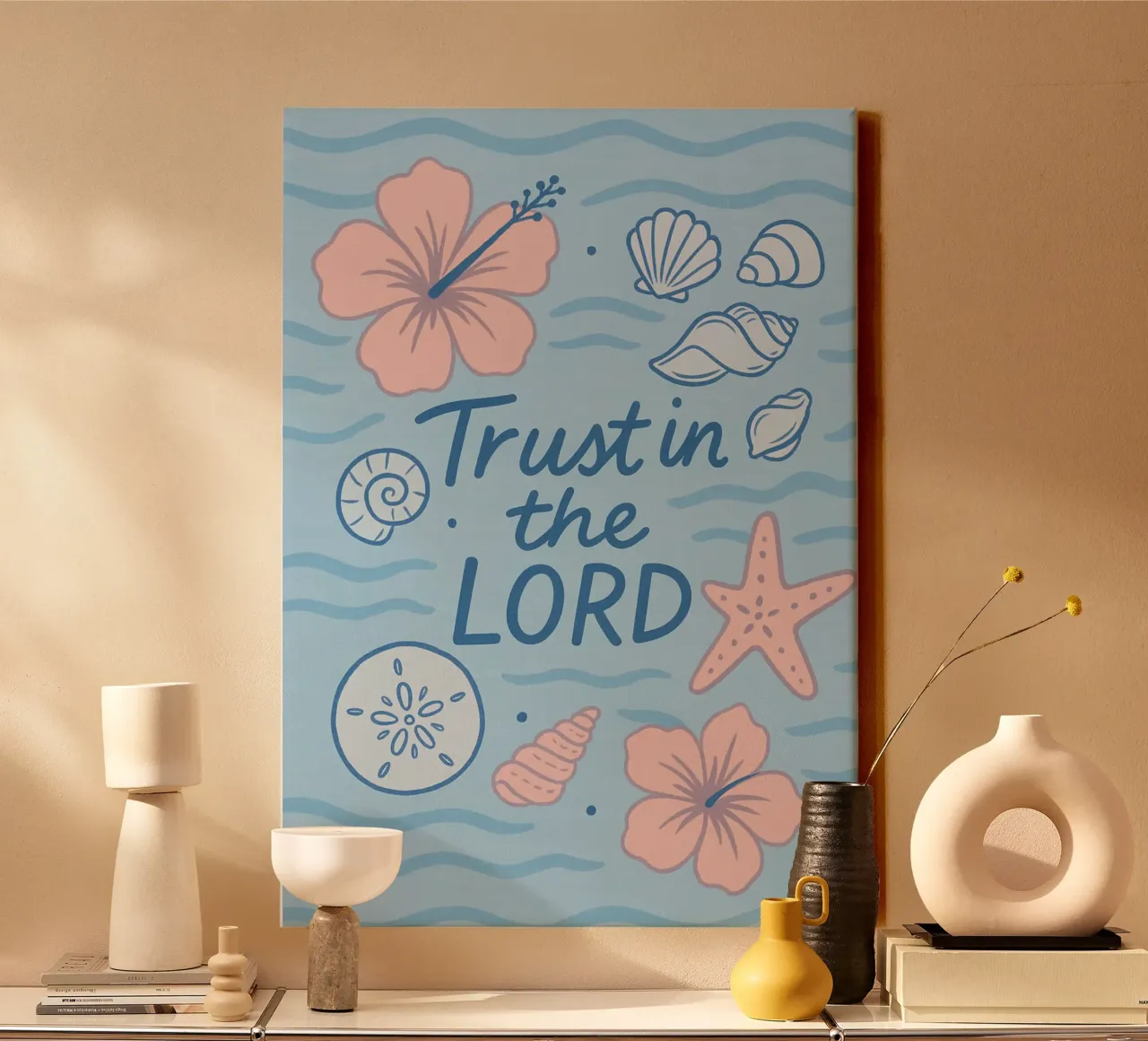 Vertrouw op de Heer, Beachy Art Print canvas met Baklijst van vintagepod