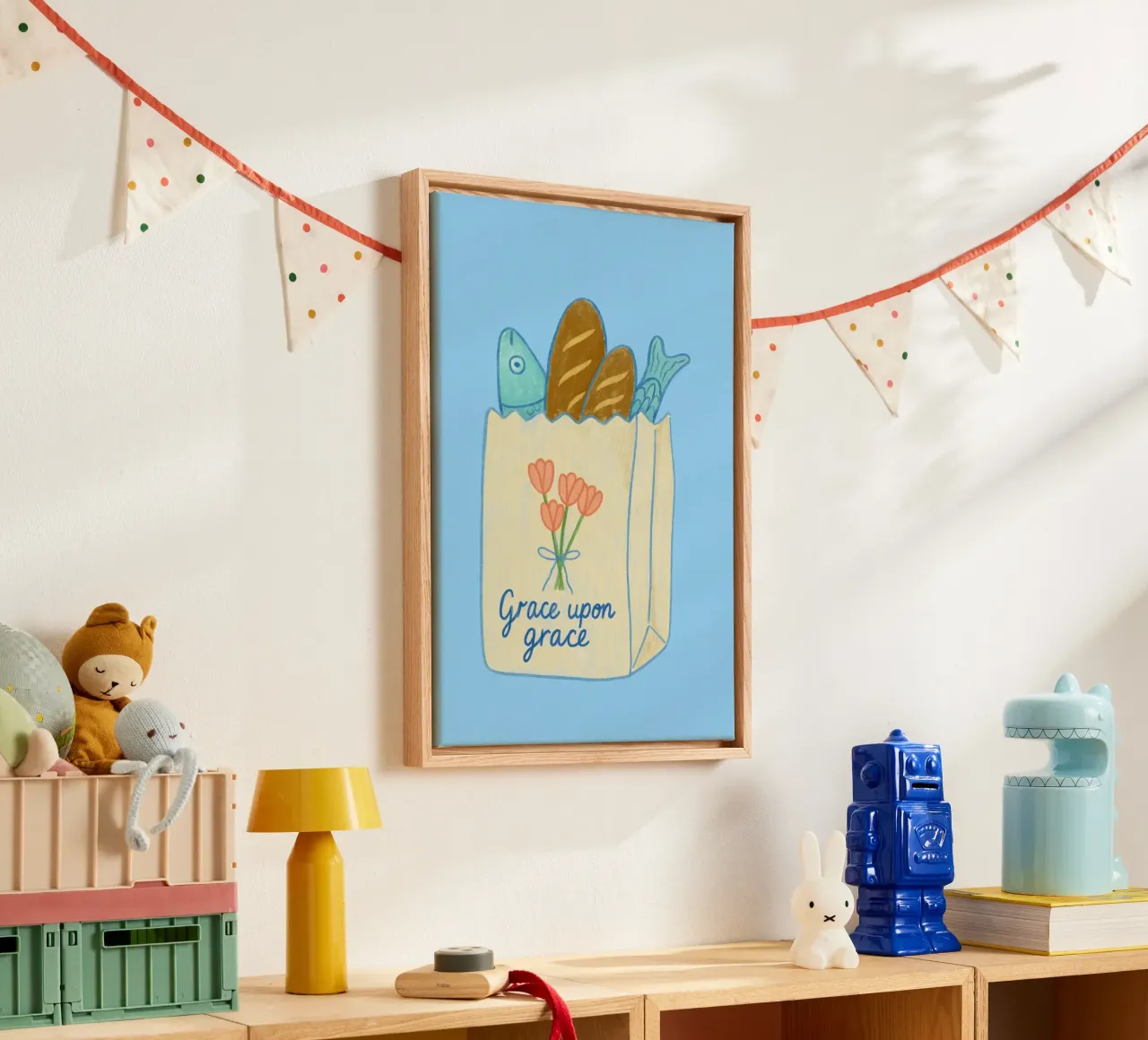Gnade über Gnade - Brote & Fische Kunst Leinwand mit Schattenfugenrahmen von vintagepod