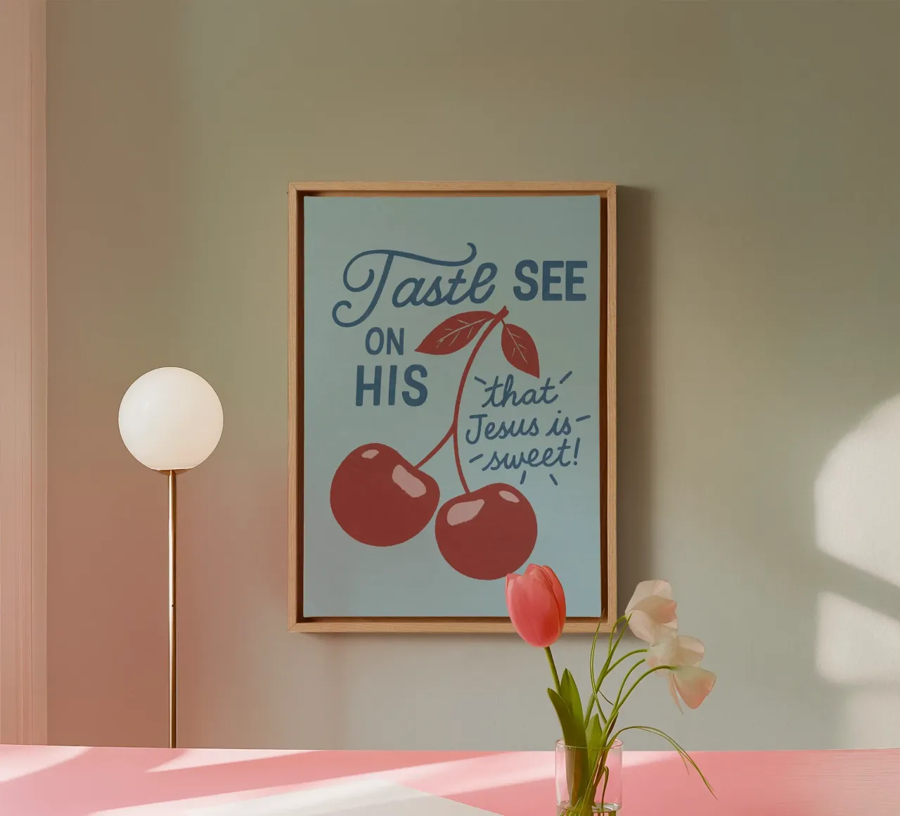 Proef en zie Jezus is zoet - Kunstdruk canvas met Baklijst van vintagepod
