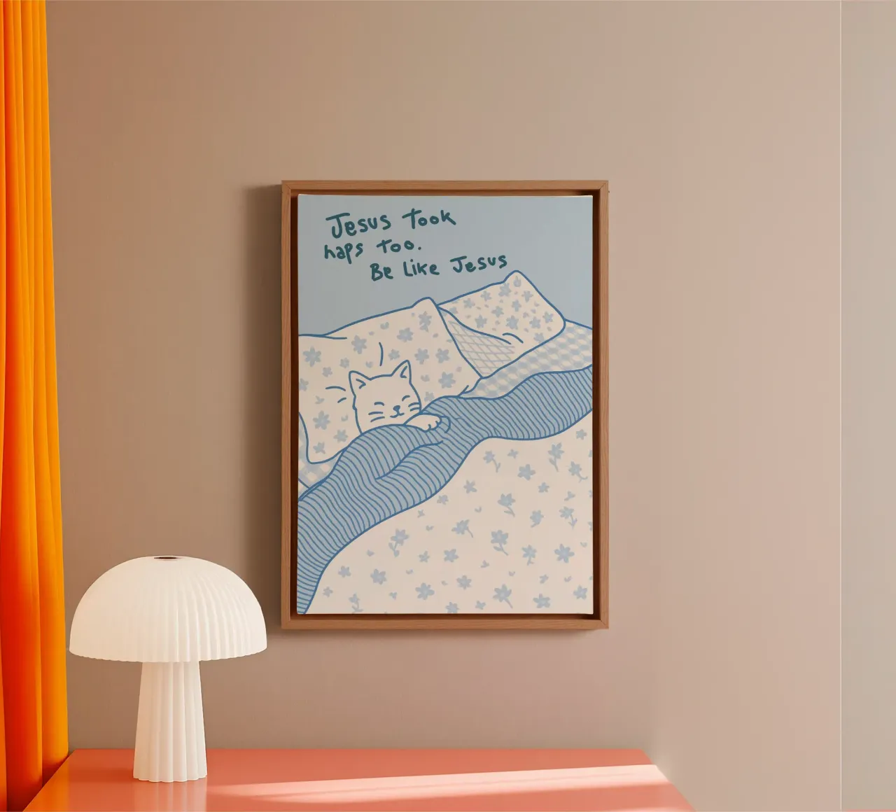 Jezus deed ook dutjes - Cat Art Print canvas met Baklijst van vintagepod