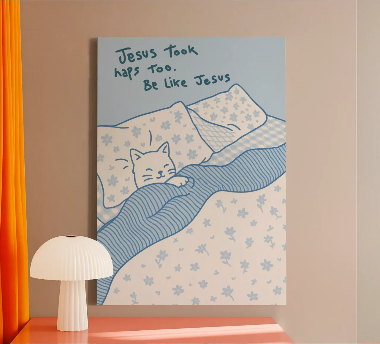Jezus deed ook dutjes - Cat Art Print canvas met Baklijst van vintagepod