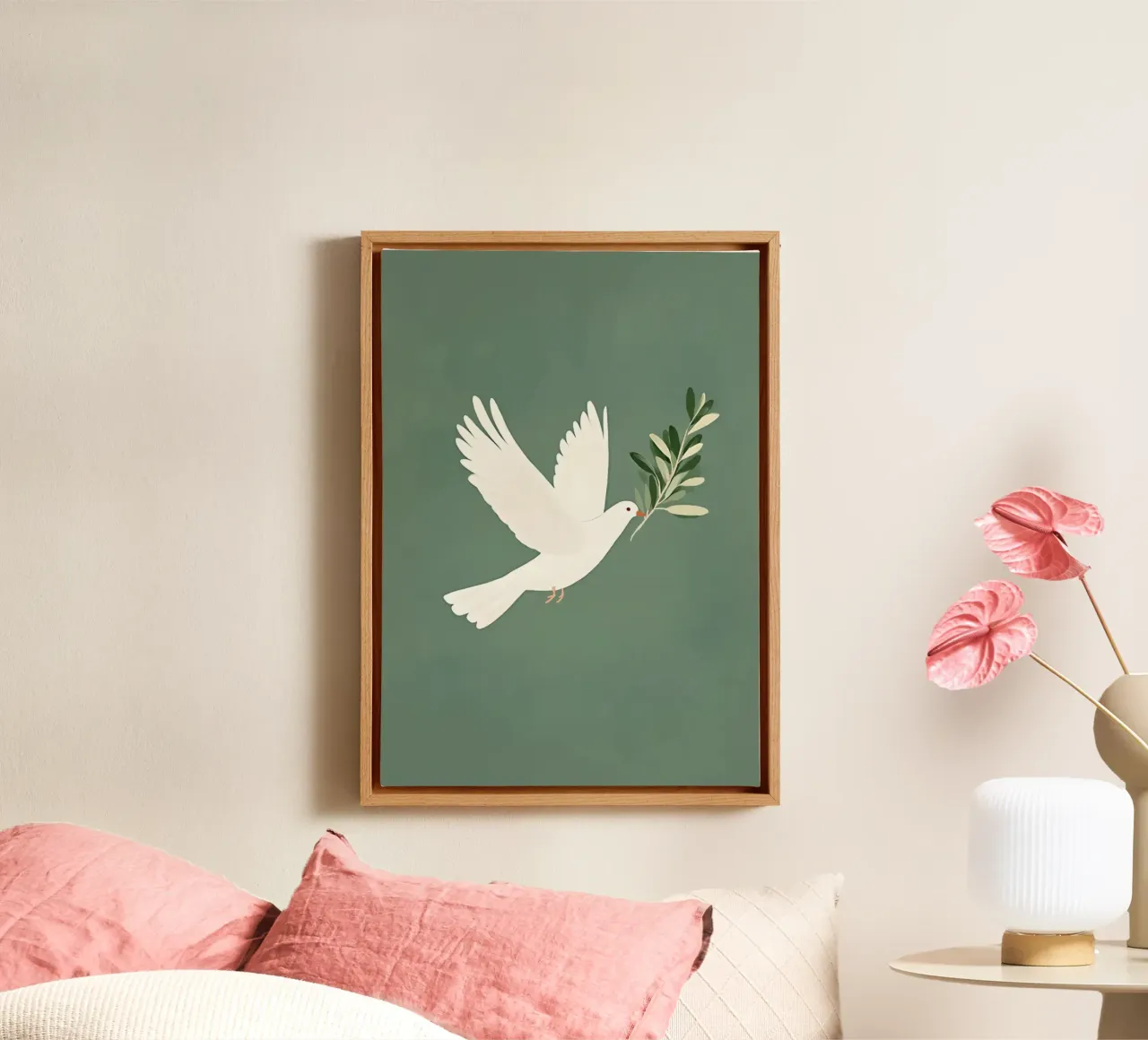 Dove with Olive Branch, Peace Art Print canvas with Floater frame by vintagepod