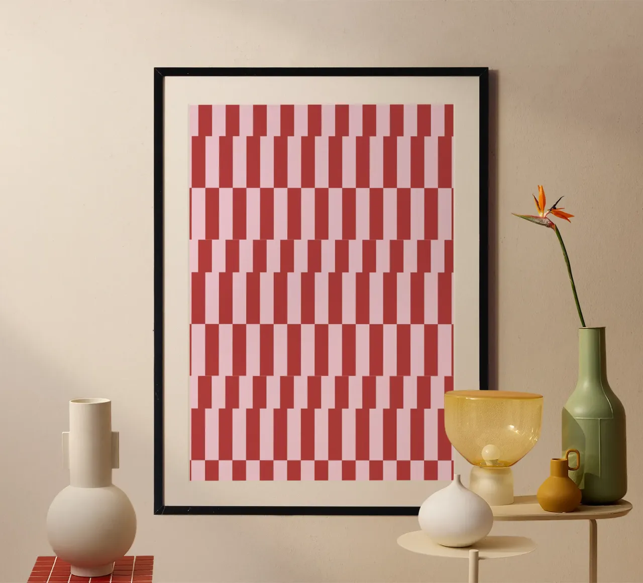 Zickzack rot rosa poster con telaio in alluminio da Studio ROSAGRAU