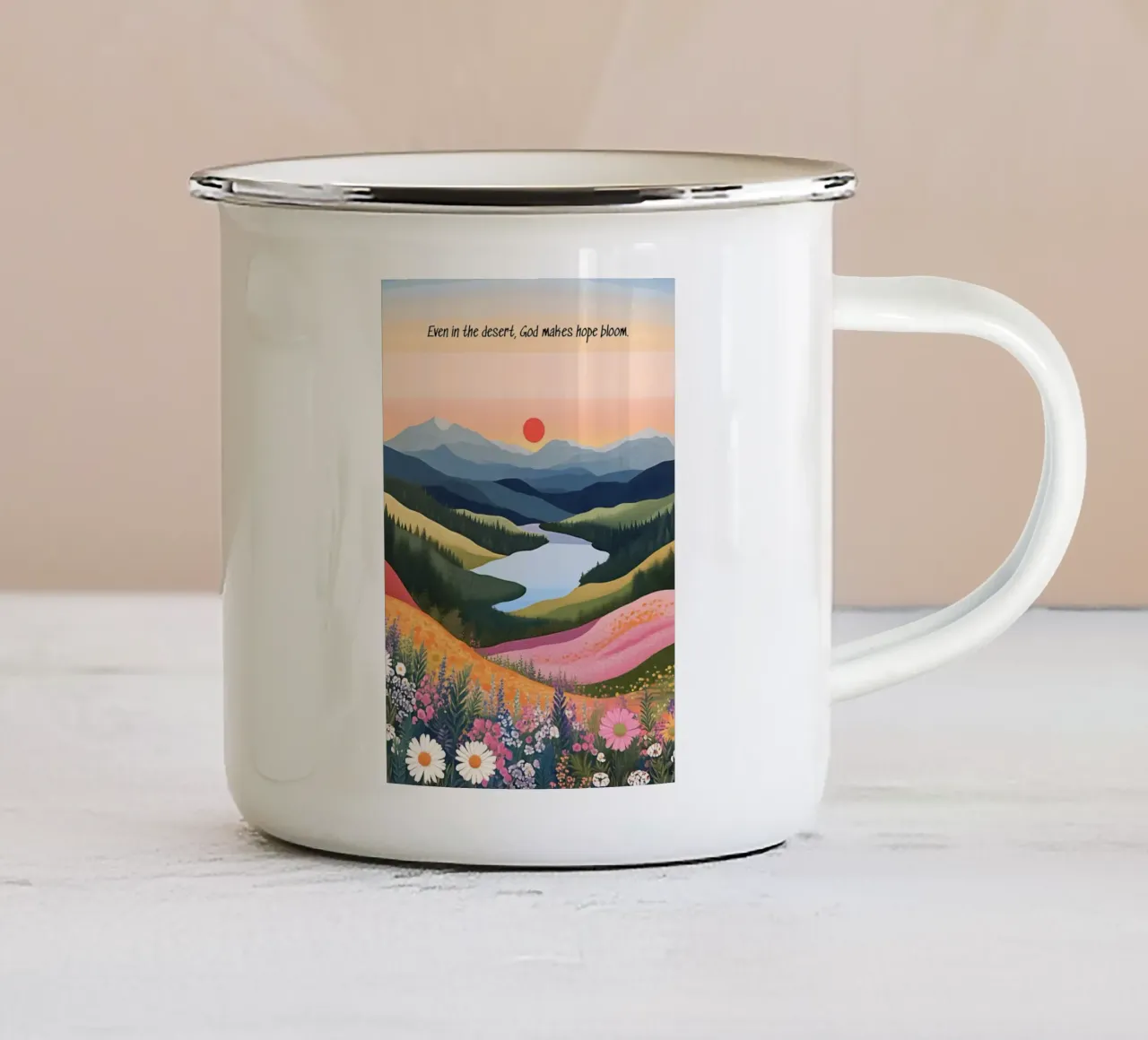 Anche nel deserto, Dio fa fiorire la speranza tazza in smalto da vintagepod