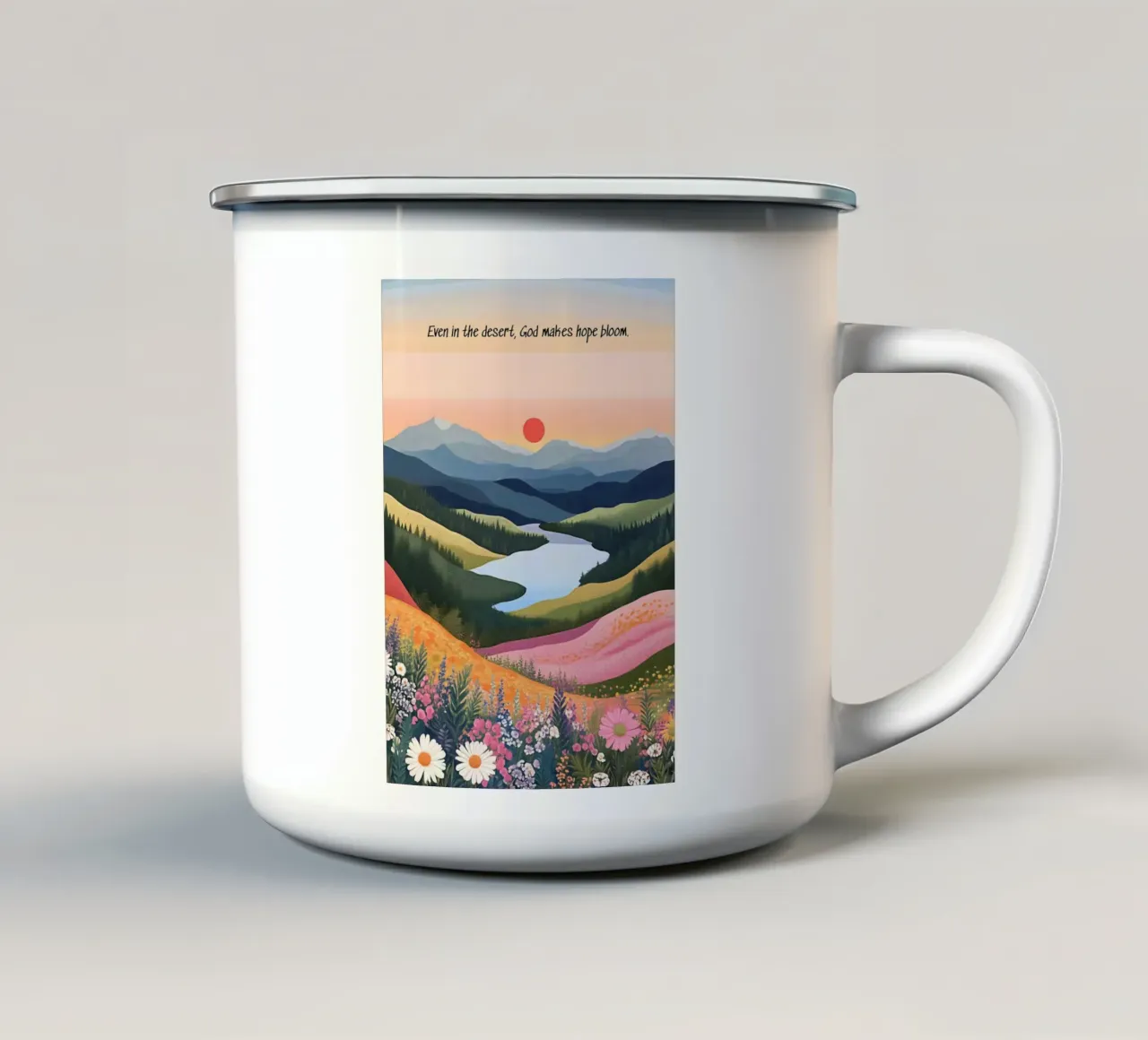Anche nel deserto, Dio fa fiorire la speranza tazza in smalto da vintagepod