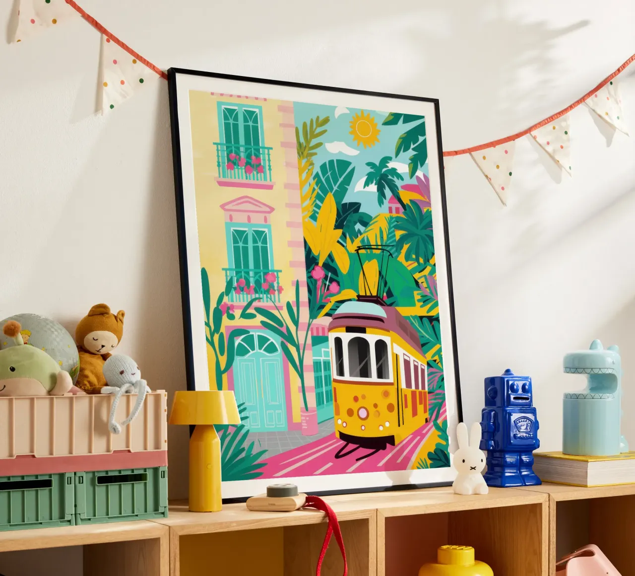 Viaggio in tram a Lisbona poster con telaio in alluminio da Heaven Craft