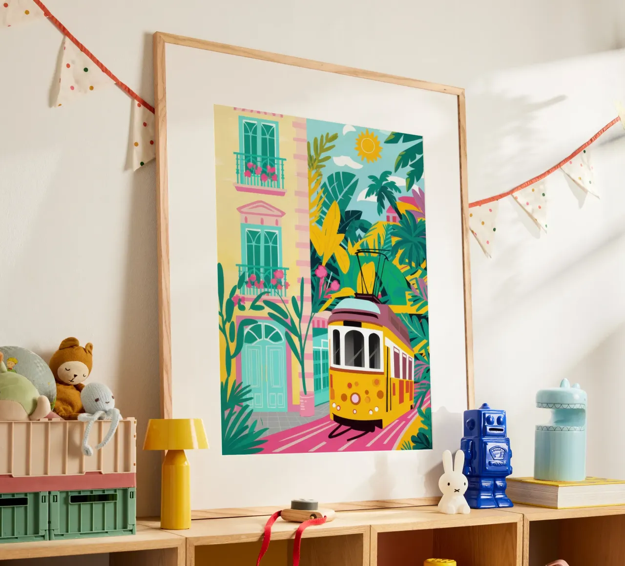 Viaggio in tram a Lisbona poster con telaio in alluminio da Heaven Craft