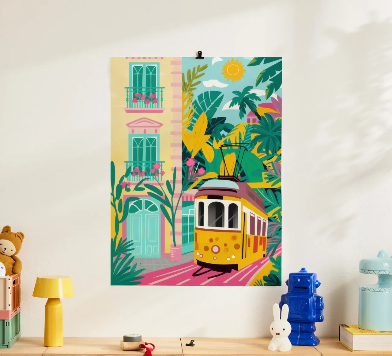 Viaggio in tram a Lisbona poster con telaio in alluminio da Heaven Craft