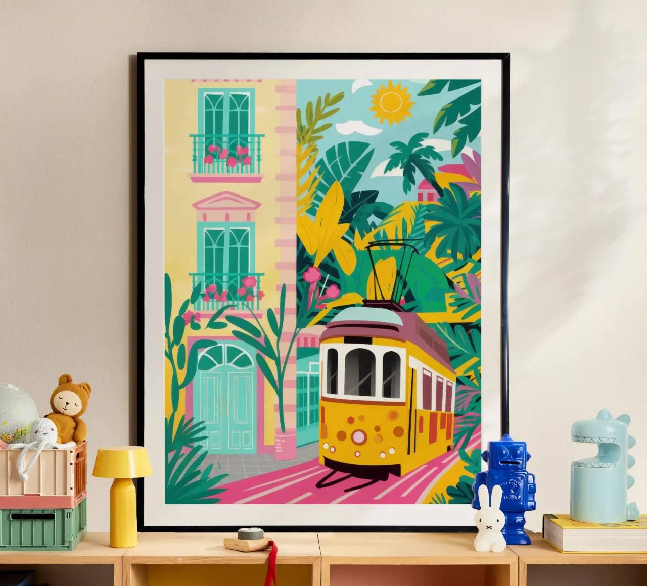 Viaggio in tram a Lisbona poster con telaio in alluminio da Heaven Craft