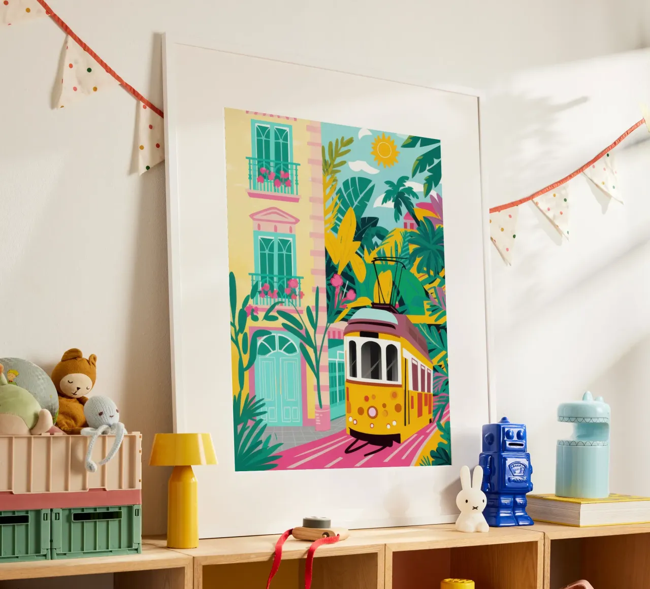 Viaggio in tram a Lisbona poster con telaio in alluminio da Heaven Craft
