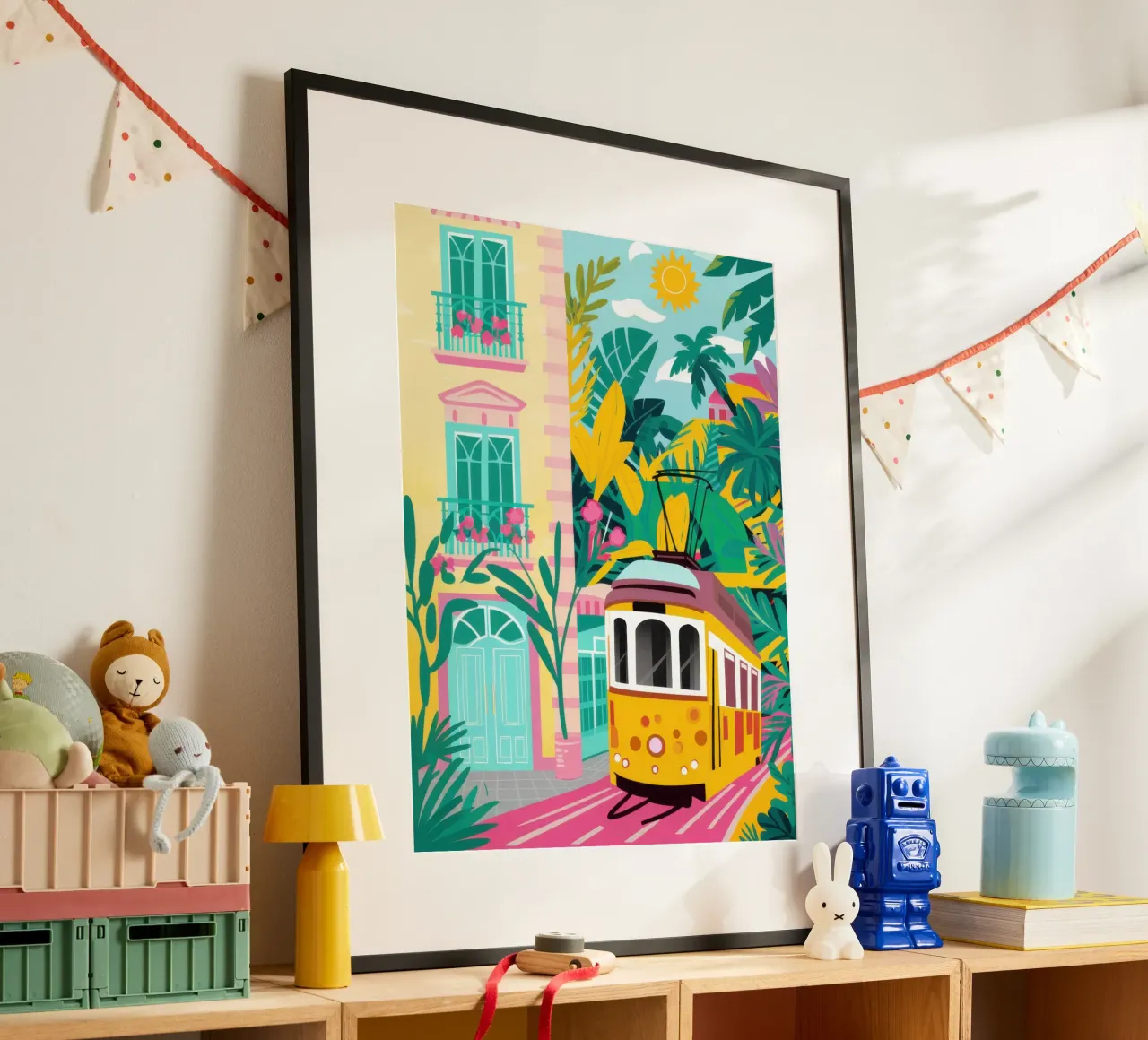 Viaggio in tram a Lisbona poster con telaio in alluminio da Heaven Craft