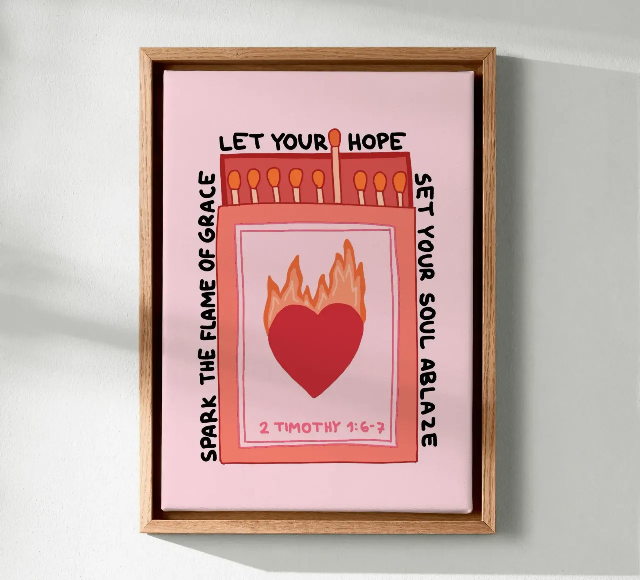Zet je ziel in vuur en vlam, Christelijke kunstdruk canvas met Baklijst van vintagepod